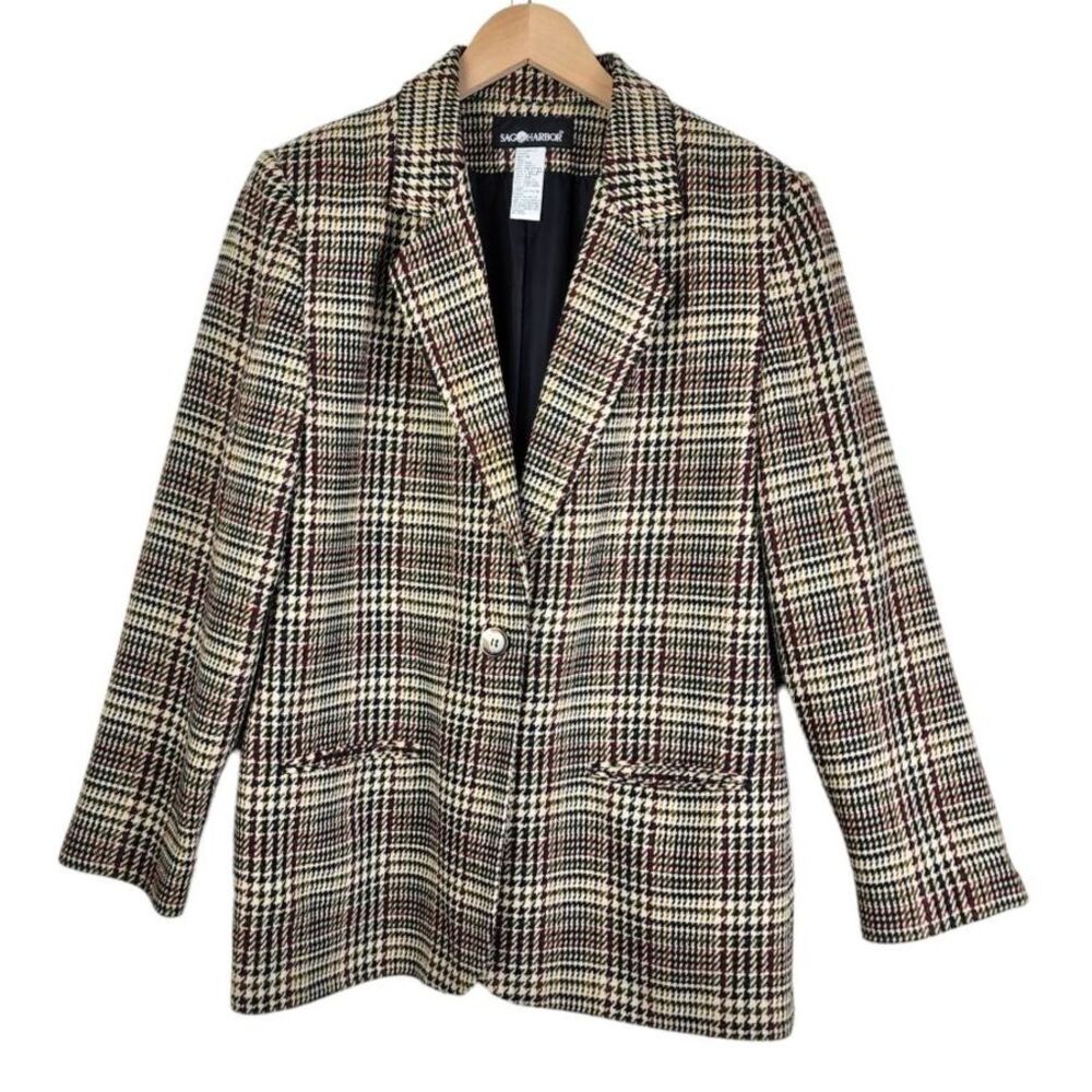 Sag Harbor Vintage Plaid Blazer Wool Blend Houndstooth Jacket Size 14